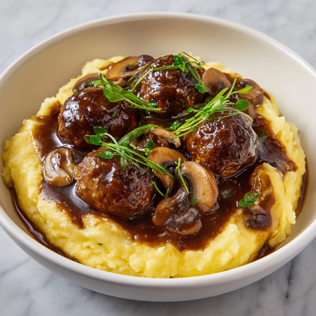 Mashed Potatoes with Meatball Mushroom Stew Recipe