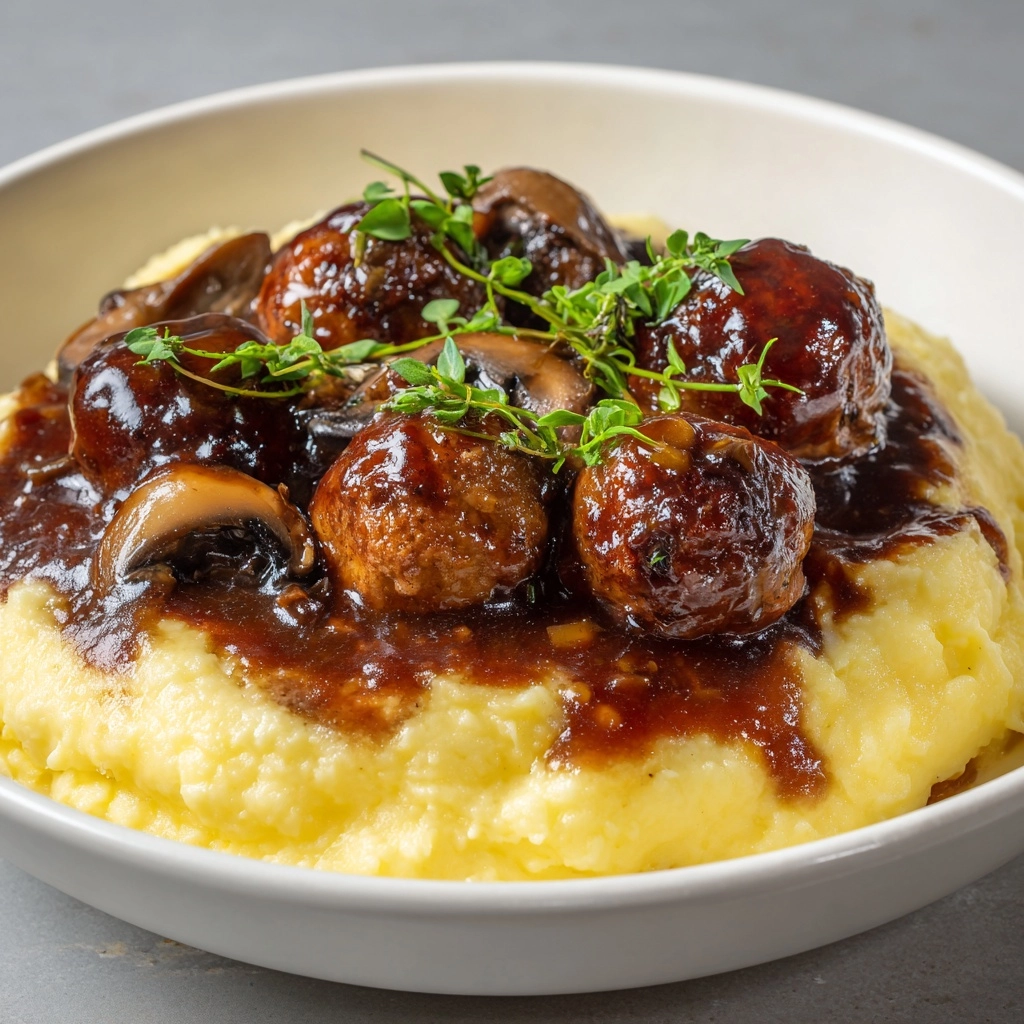 Mashed Potatoes with Meatball Mushroom Stew Recipe - Recipe Image