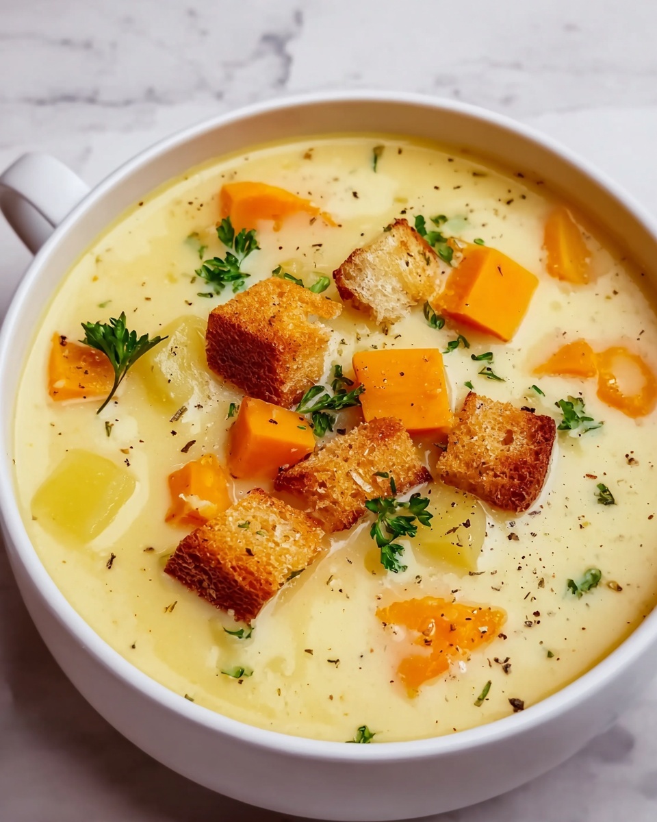 Creamy Vegetable Soup with Homemade Croutons Recipe - Recipe Image