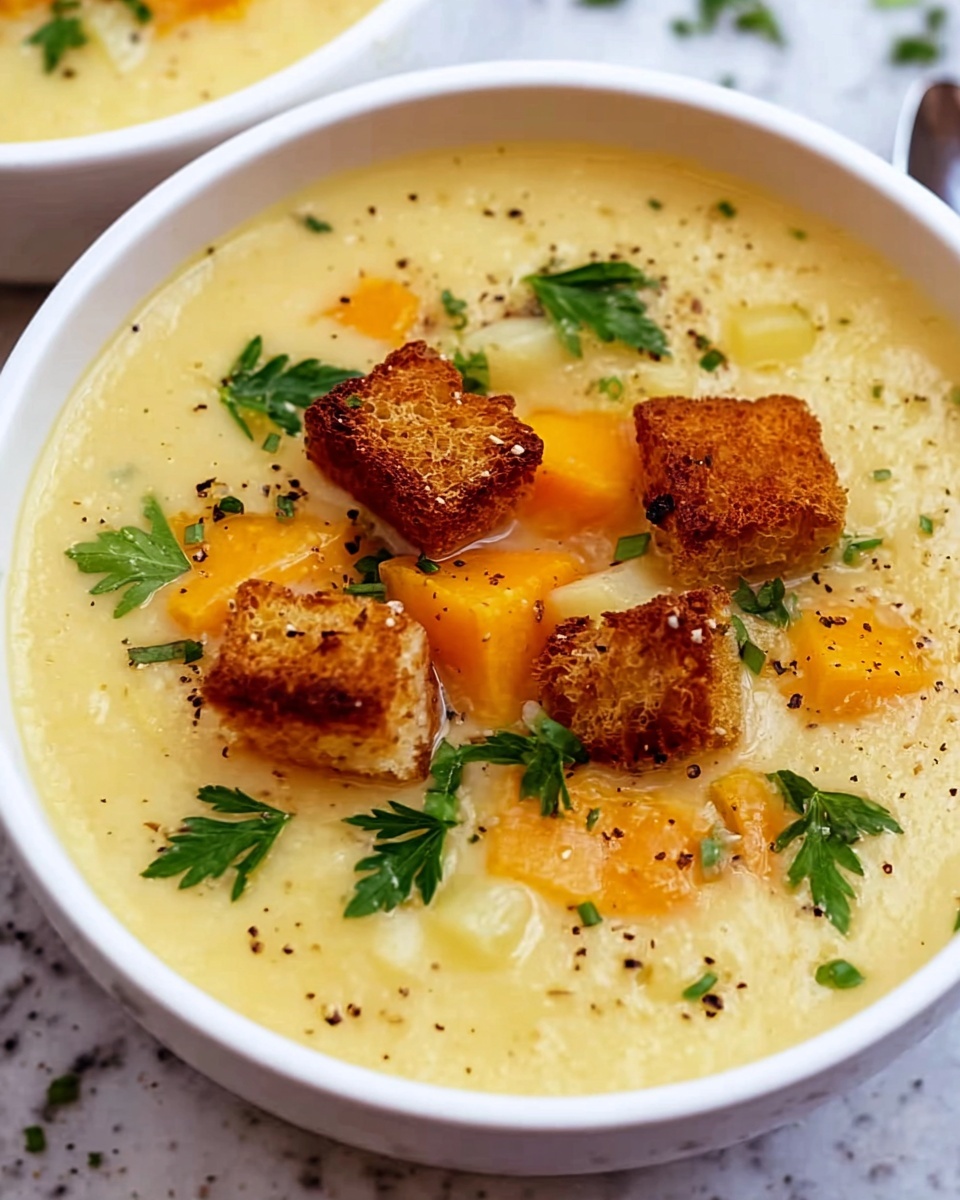 Creamy Vegetable Soup with Homemade Croutons Recipe - Recipe Image