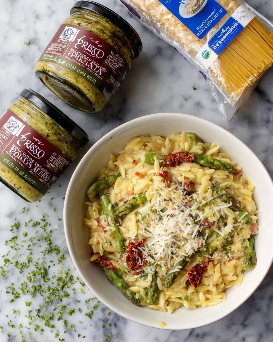 Pesto Orzo with Sun-Dried Tomatoes, Asparagus, and Chicken Recipe - Recipe Image