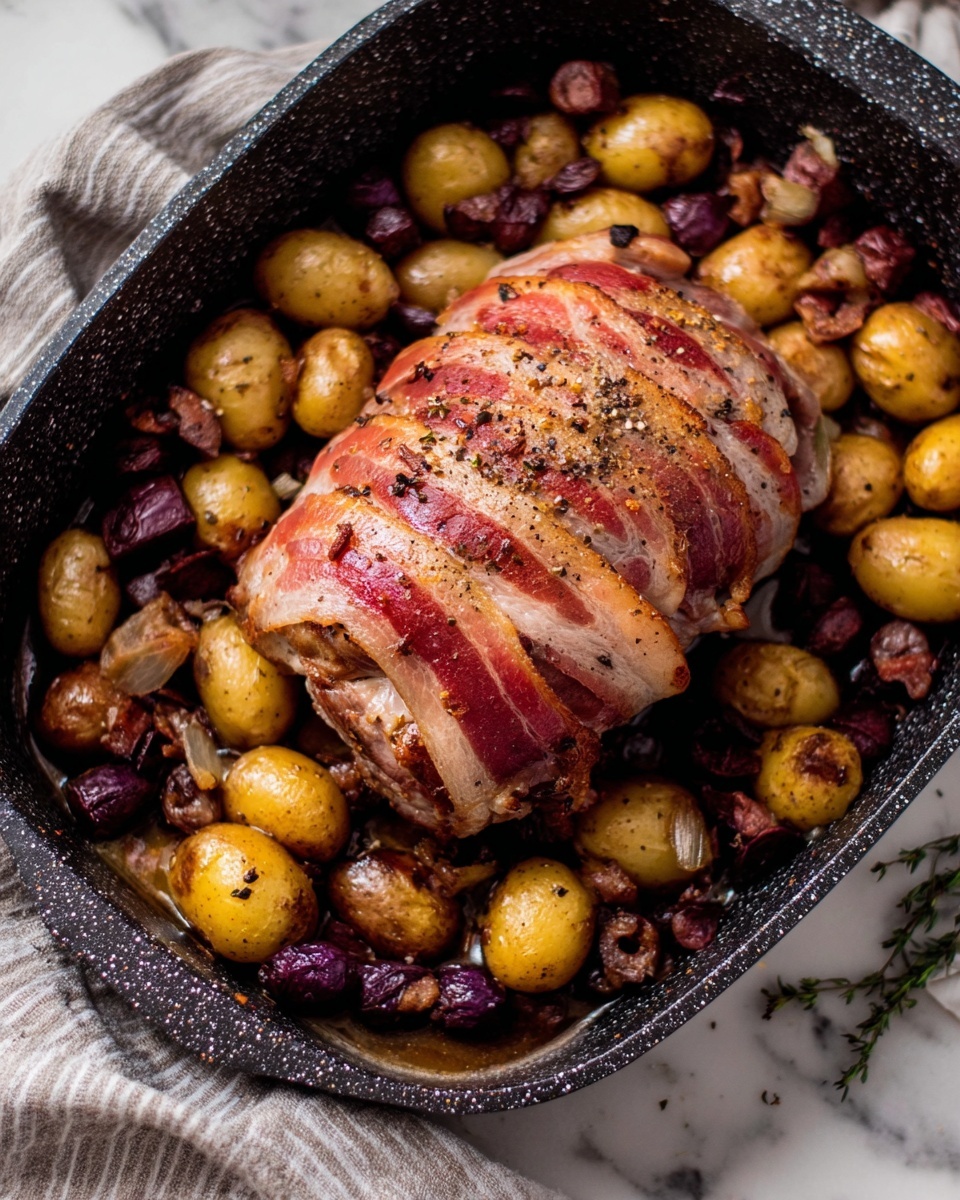 Bacon-Wrapped Turkey Breast with Chorizo, Cranberries, and Little Potatoes Recipe - Recipe Image