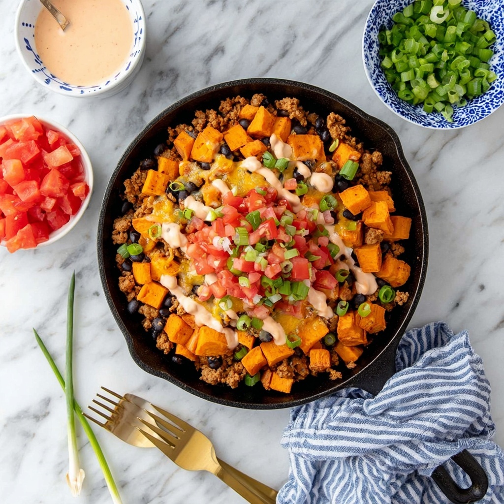 Ground Turkey and Sweet Potato Skillet with Black Beans, Cheddar, and Spicy Salsa Recipe - Recipe Image