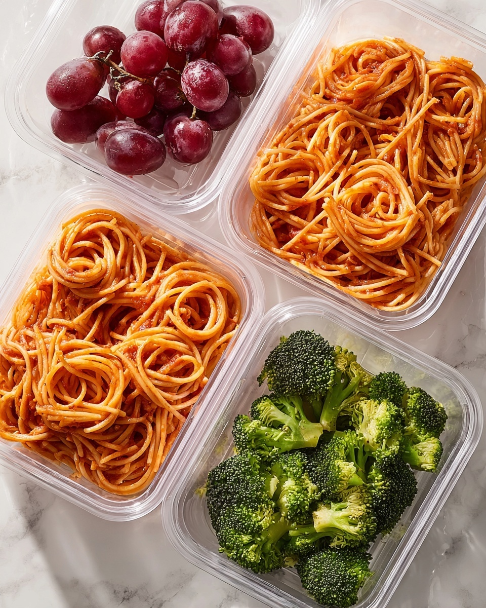 Easy Spaghetti Lunchbox Idea with Broccoli and Grapes Recipe - Recipe Image