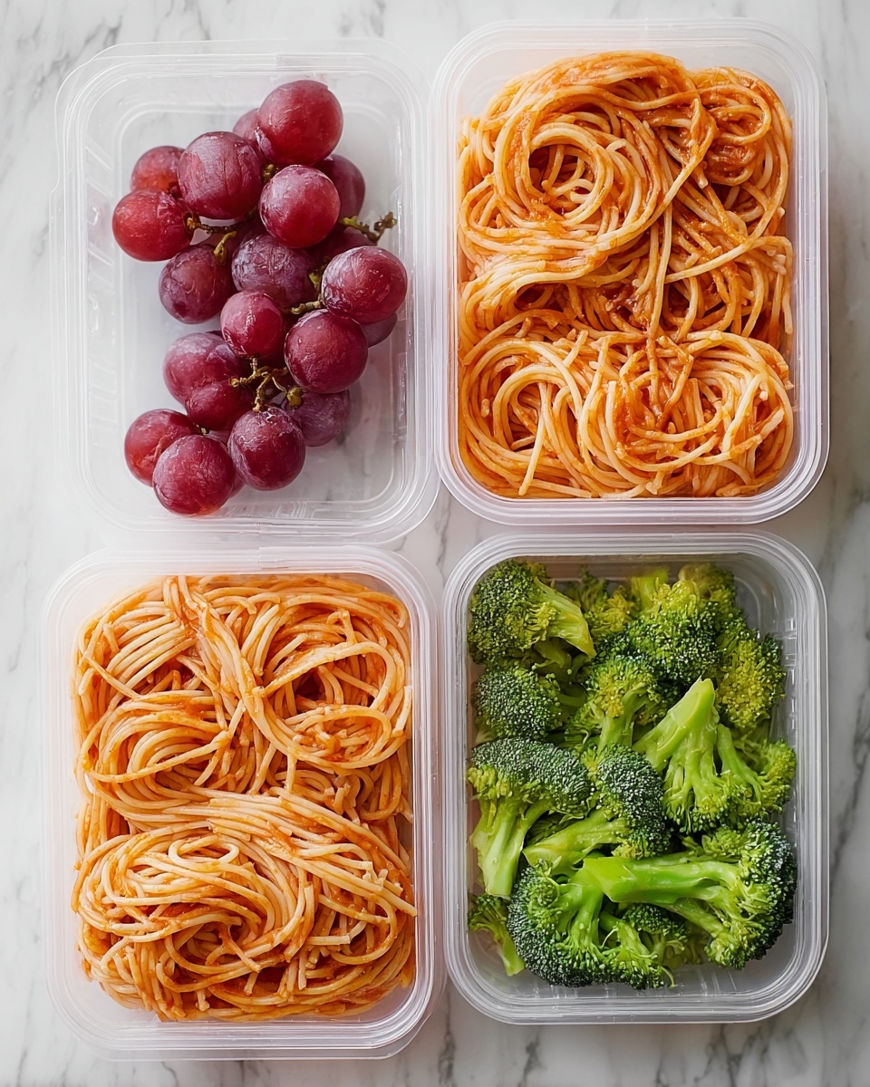 Easy Spaghetti Lunchbox Idea with Broccoli and Grapes Recipe - Recipe Image