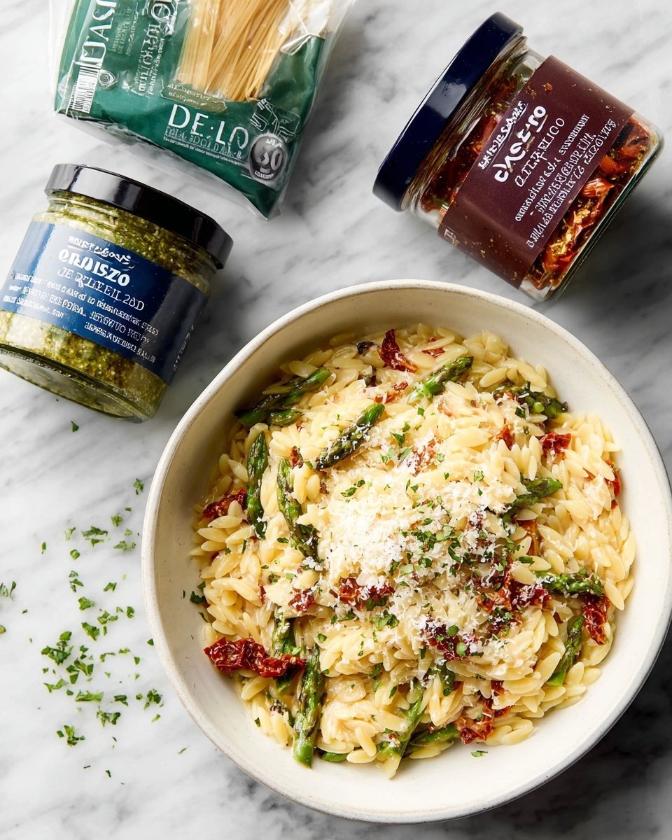 Pesto Orzo with Sun-Dried Tomatoes, Asparagus, and Chicken Recipe - Recipe Image