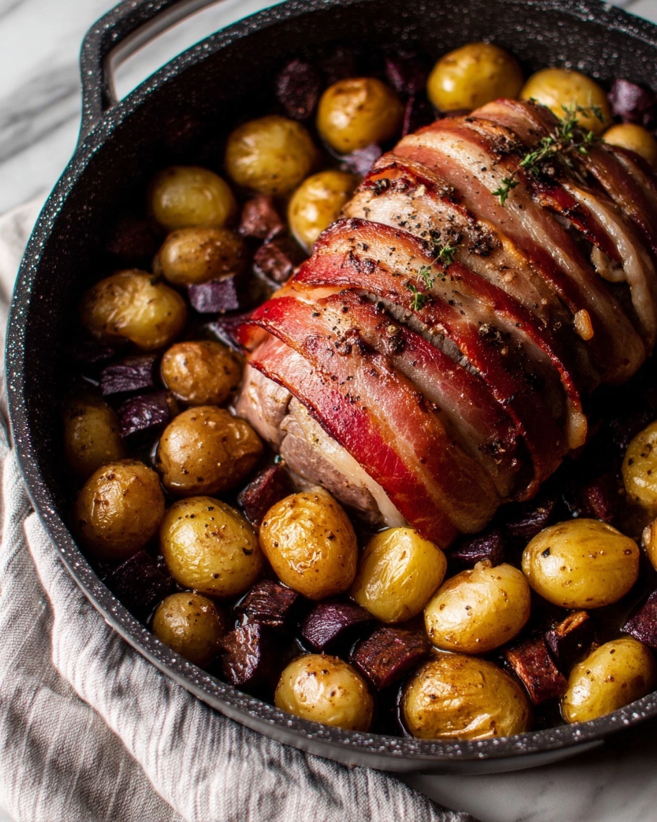 Bacon-Wrapped Turkey Breast with Chorizo, Cranberries, and Little Potatoes Recipe - Recipe Image