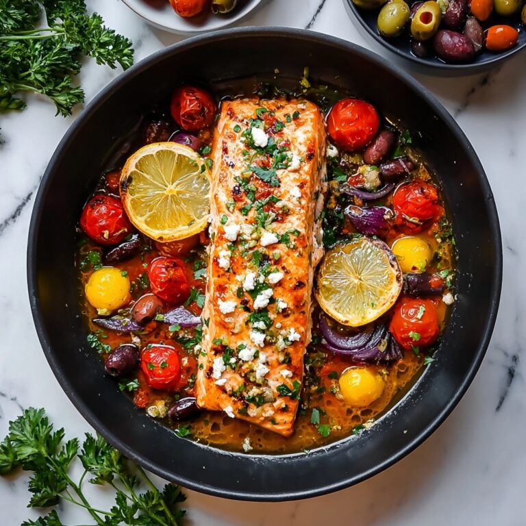 Mediterranean-Style Baked Salmon with Cherry Tomatoes, Olives, and Feta Recipe