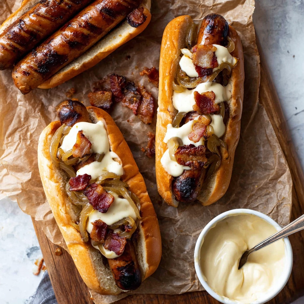 Bacon Wrapped Hot Dogs with Creamy Cheddar Cheese Sauce Recipe - Recipe Image