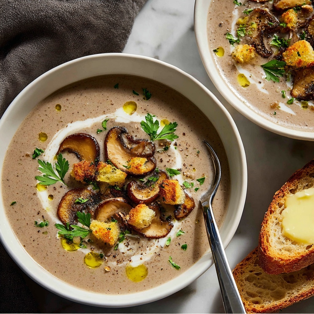 Creamy Mushroom Soup with Croutons and Fresh Herbs Recipe - Recipe Image