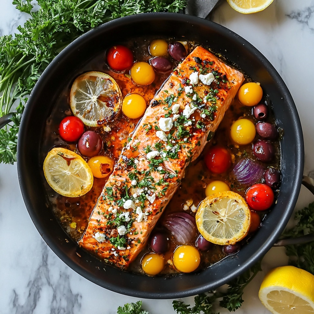 Mediterranean-Style Baked Salmon with Cherry Tomatoes, Olives, and Feta Recipe - Recipe Image