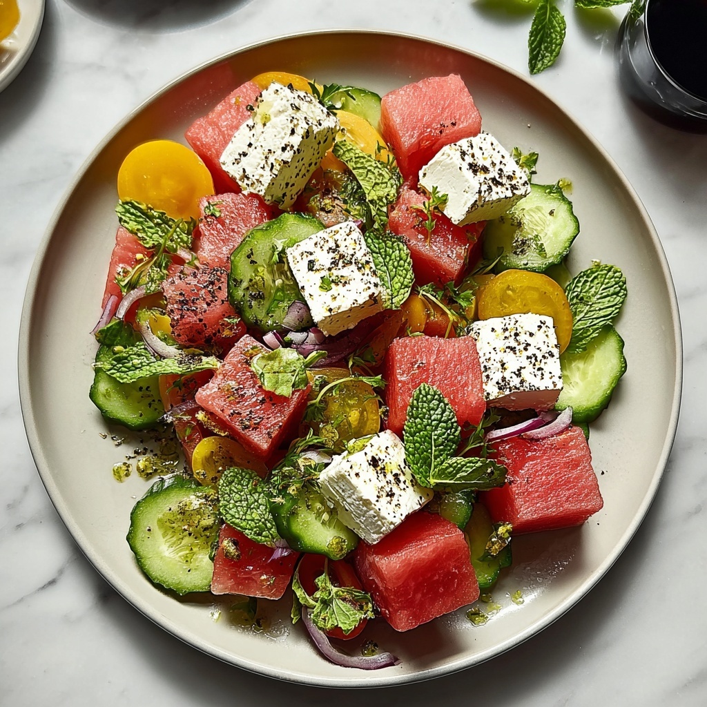 Watermelon Cucumber Salad with Vegan Feta and Fresh Mint Recipe - Recipe Image