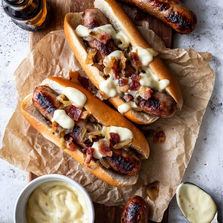 Bacon Wrapped Hot Dogs with Creamy Cheddar Cheese Sauce Recipe