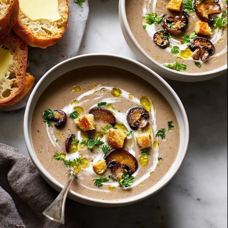 Creamy Mushroom Soup with Croutons and Fresh Herbs Recipe