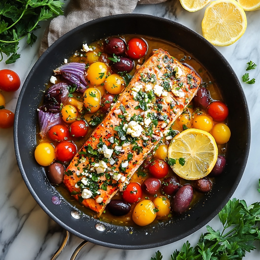 Mediterranean-Style Baked Salmon with Cherry Tomatoes, Olives, and Feta Recipe - Recipe Image