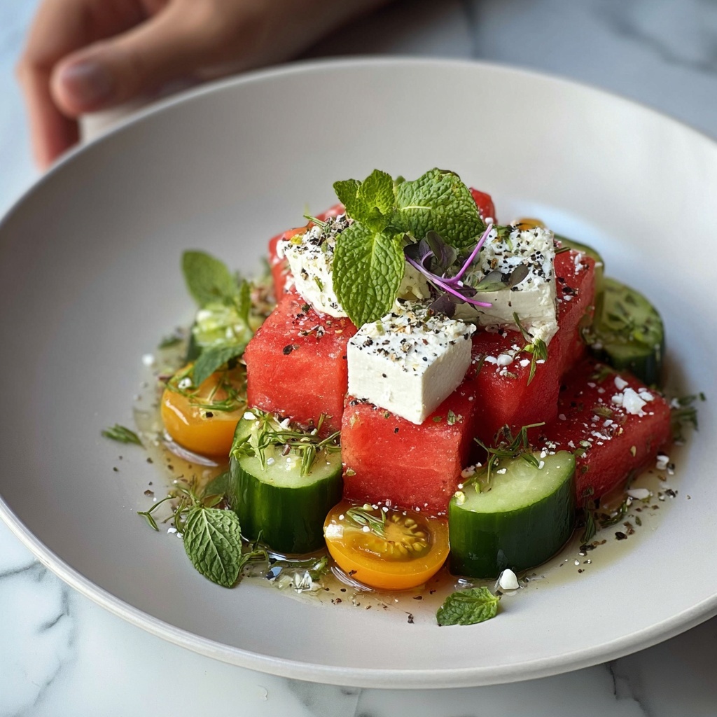 Watermelon Cucumber Salad with Vegan Feta and Fresh Mint Recipe - Recipe Image