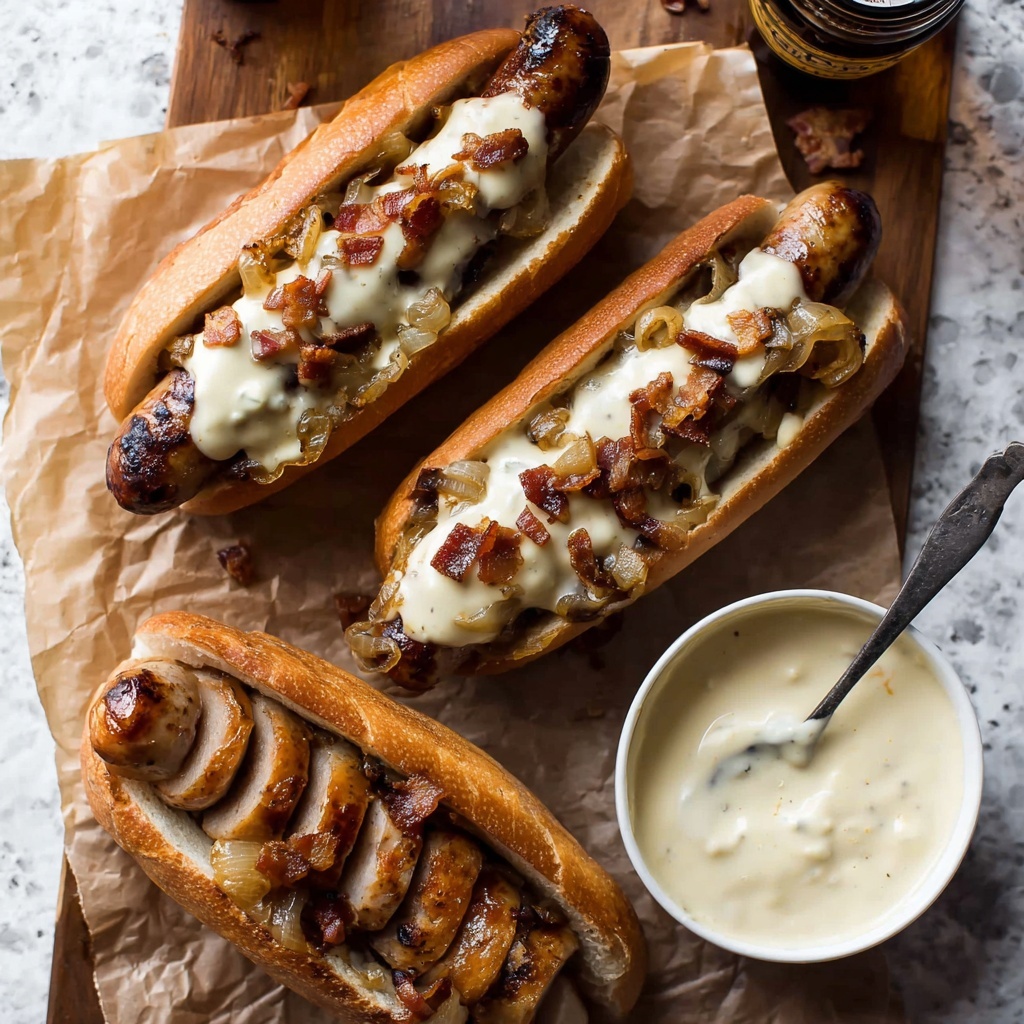 Bacon Wrapped Hot Dogs with Creamy Cheddar Cheese Sauce Recipe - Recipe Image