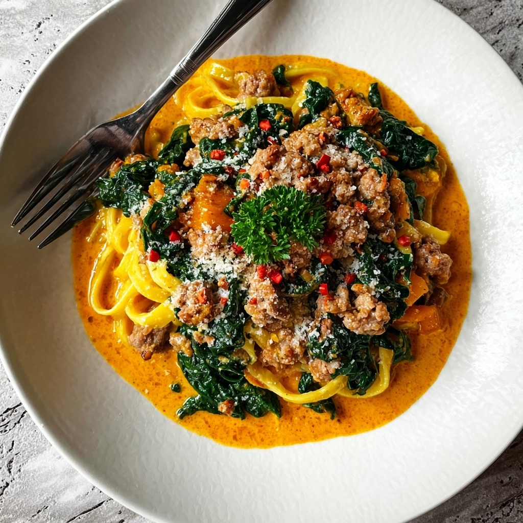 Creamy Butternut Squash Pasta with Sausage and Spinach Recipe - Recipe Image