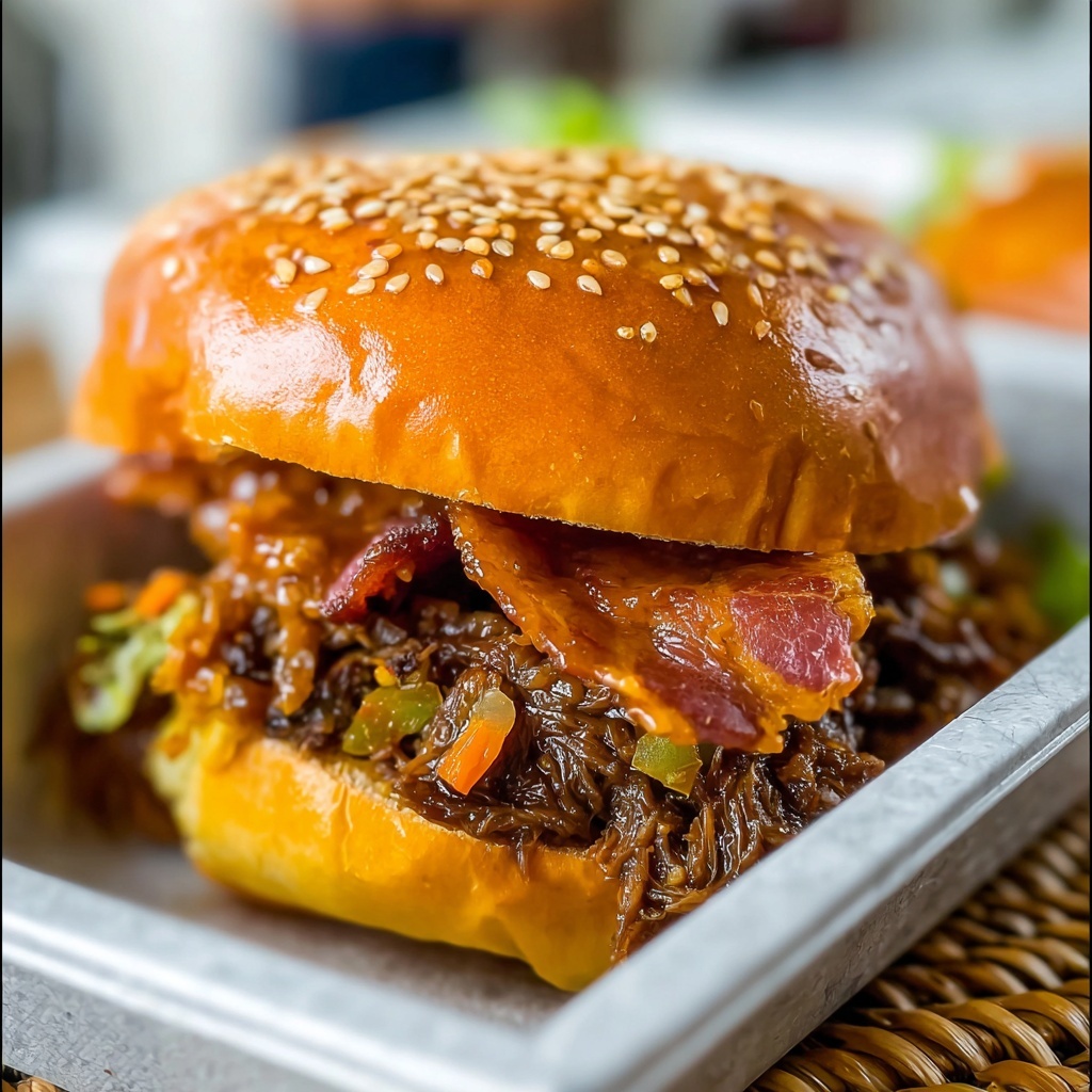 Slow Cooker BBQ Beef Sandwiches with Bacon, Jalapenos, and Crispy Onions Recipe - Recipe Image