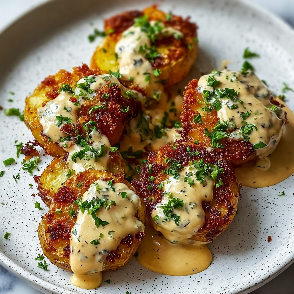 Irresistibly Creamy Gourmet Smashed Potatoes with Herb Sauce Recipe - Recipe Image