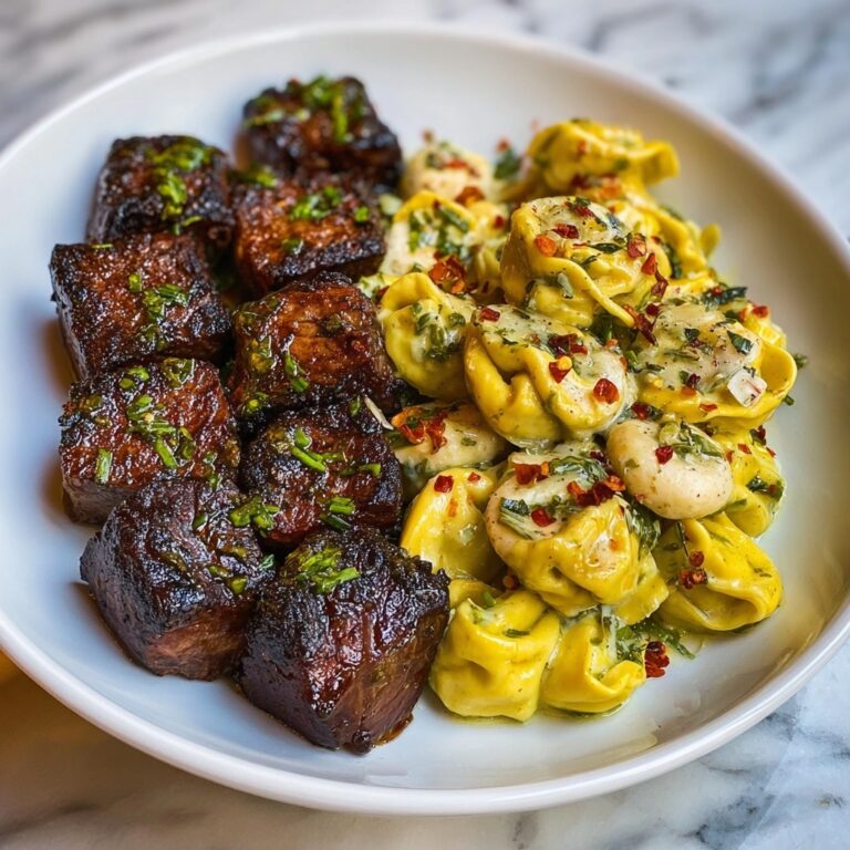 Garlic Butter Steak Bites with Creamy Parmesan Tortellini and Garlic Sauce Recipe